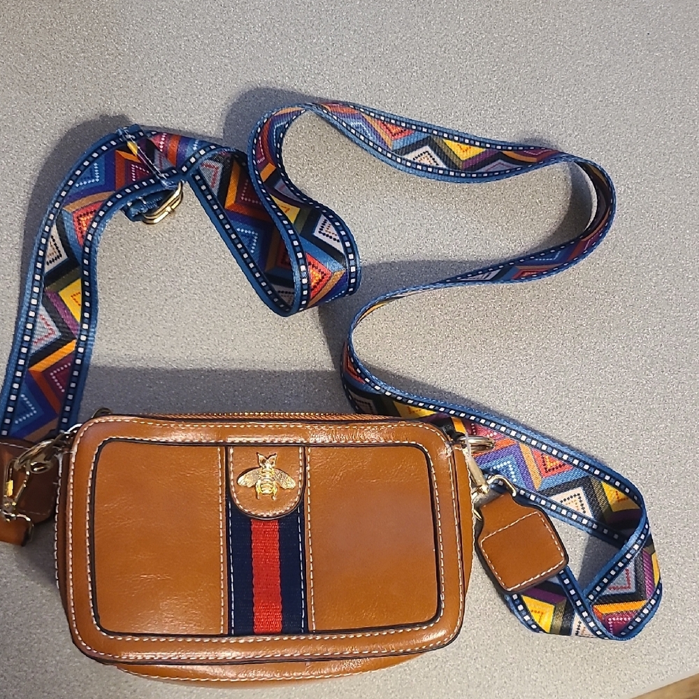 Brown Crossbody Bag with Patterned Strap
